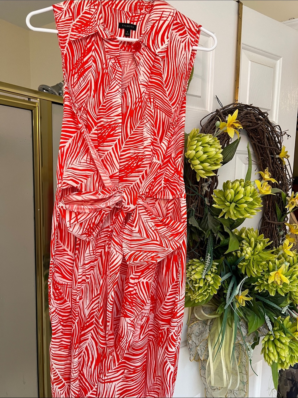 Talbots Red and White Sleeveless Shirtwaist and Wrap Midi Dress